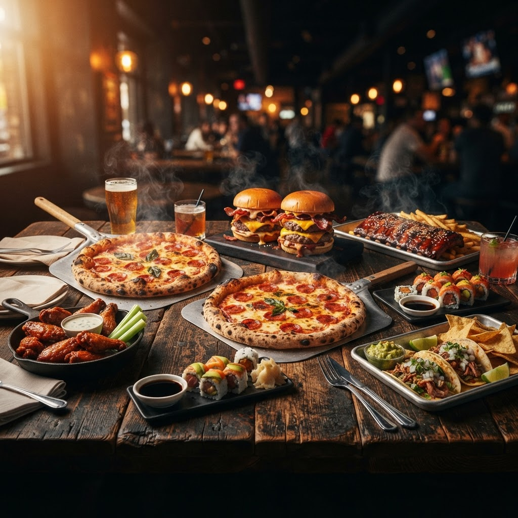 A spread of BOGO dishes — pizza, burgers, ribs, wings, sushi and tacos